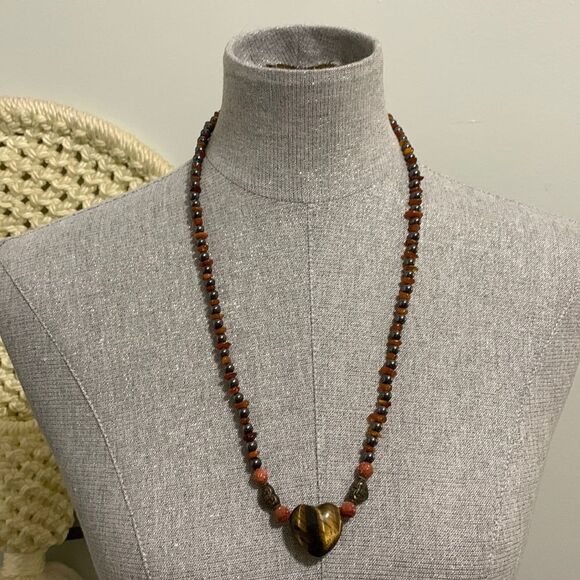 Handmade Tigers Eye-Goldstone-Hematite  Heart Necklace - Picture 3 of 11